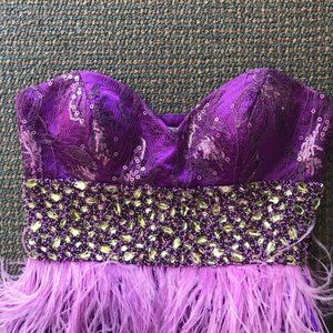 JOVANI PURPLE OSTRICH FEATHER & RHINESTONE PARTY DRESS